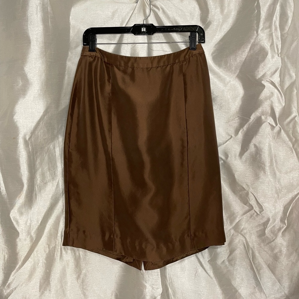 Kate Hill Dark Chocolate Brown Classic Neutral Staple Silk Pencil Skirt